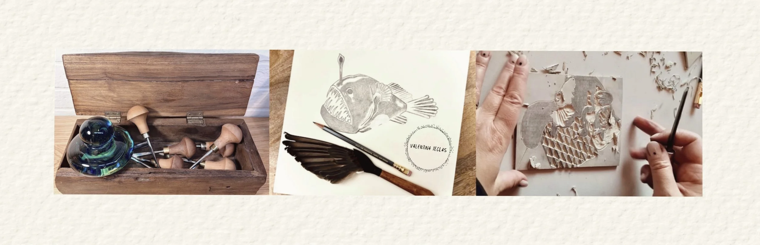 Artist hands sketching with Blackwing pencil, linocut gouges and tools on workbench - Valentina Teglas studio process