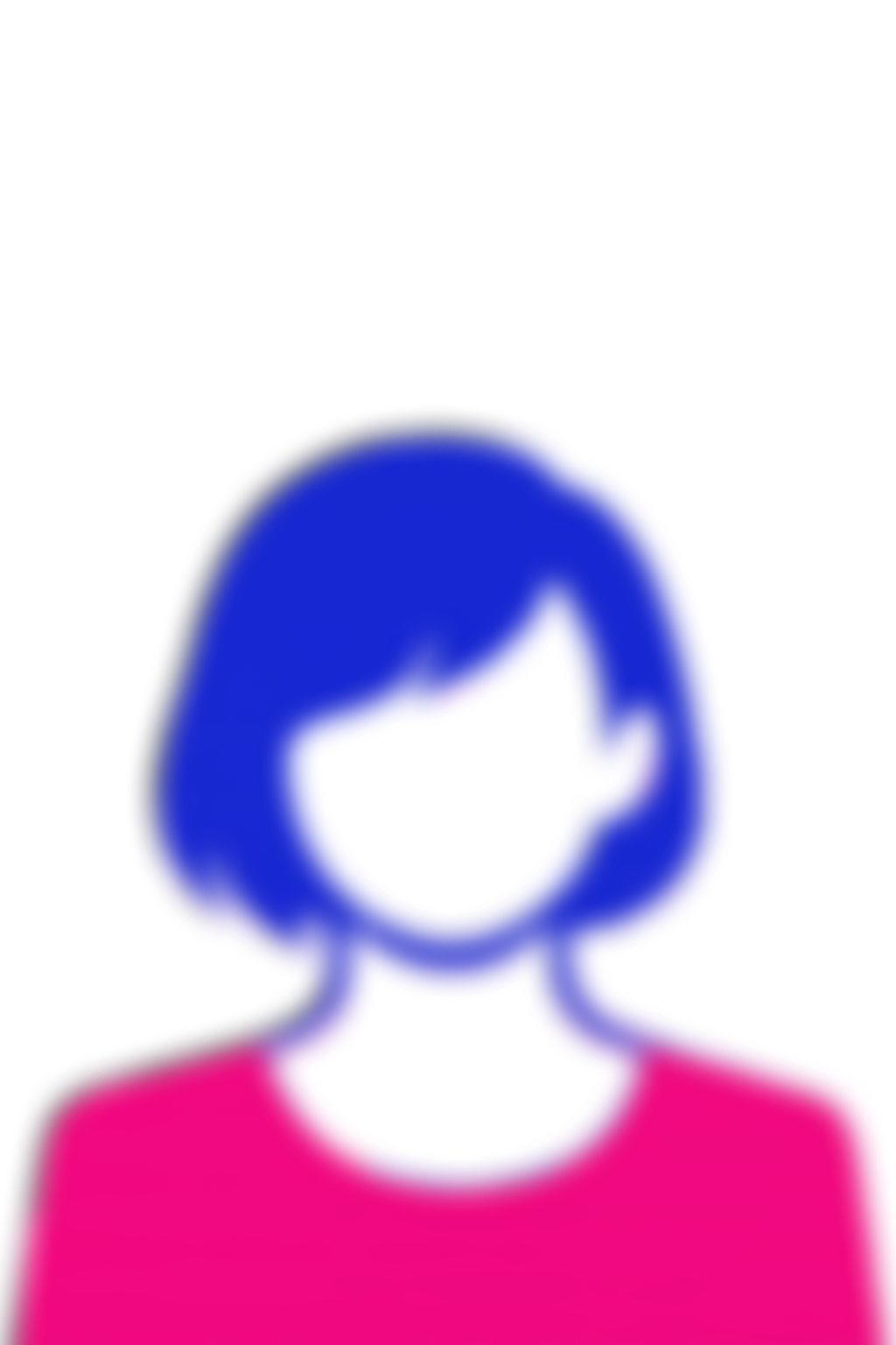 Ein stilisiertes, farbiges Porträt einer Frau mit blauer Haarfarbe und rosa Kleidung, dargestellt in einem abstrakten, digital verfremdeten Kunststil.
