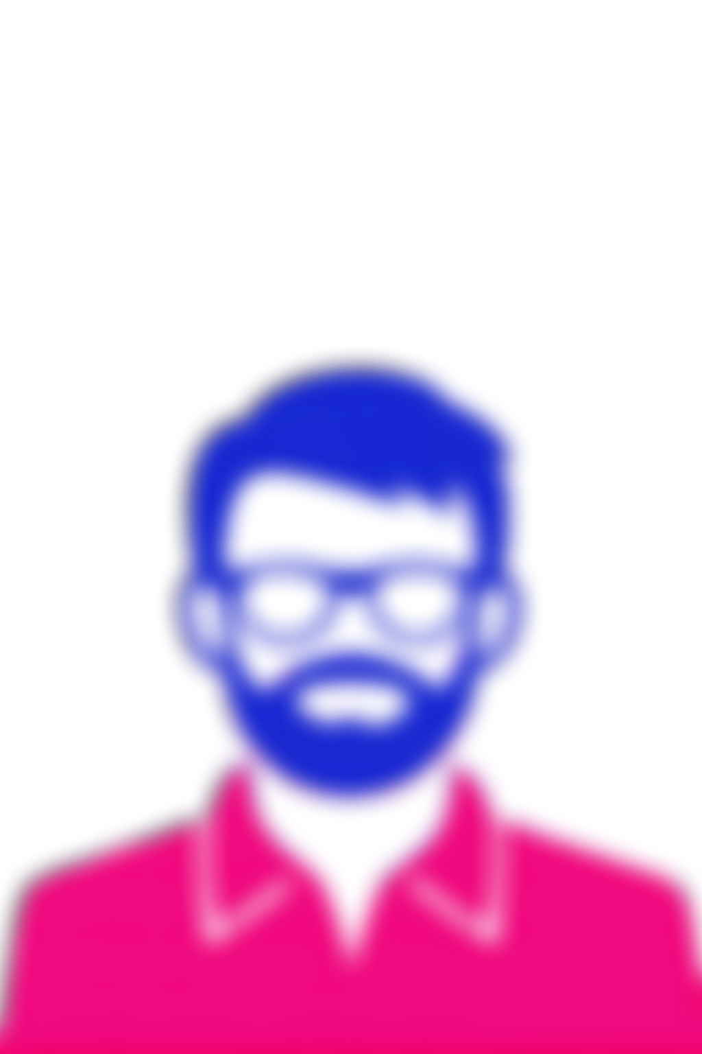 Porträt eines Menschen mit blauer Gesichtshaut und pinkem Oberteil, flachem Hintergrund.