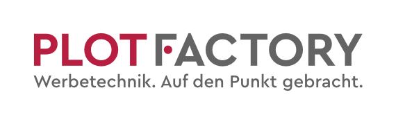 Logo mit schwarzen Hintergrund, roten und weißen Text 'PLOT FACTORY' und dem Slogan 'Werbetechnik. Auf den Punkt gebracht.'