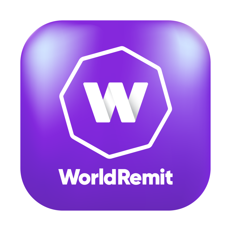 Logo of WorldRemit with a white 'W' inside an octagonal border on a purple background.