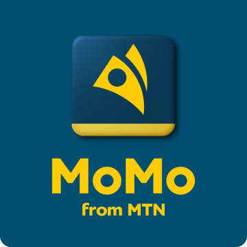 MoMo from MTN app logo with a stylized yellow figure on a blue background.