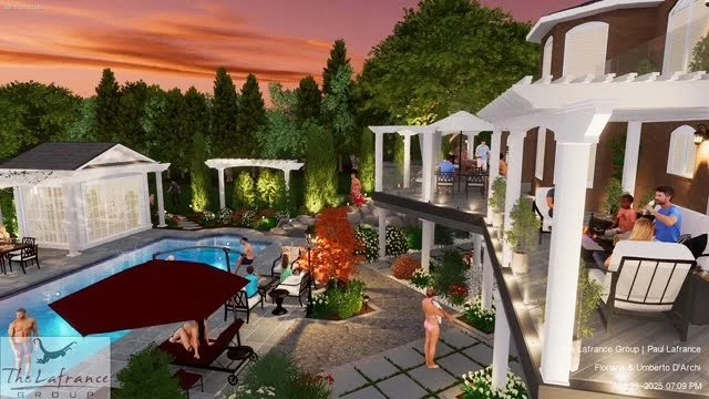 Outdoor pool area at sunset with lounge chairs, umbrellas, and a multi-level house with a patio. People are relaxing and socializing.
