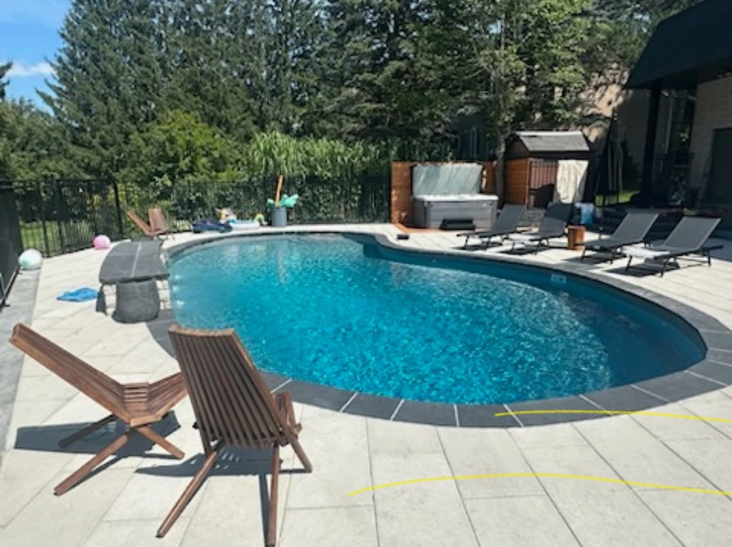 Residential backyard with a kidney-shaped swimming pool, surrounded by lounge chairs, a storage shed, and a privacy fence, with trees and a blue sky in the background.
