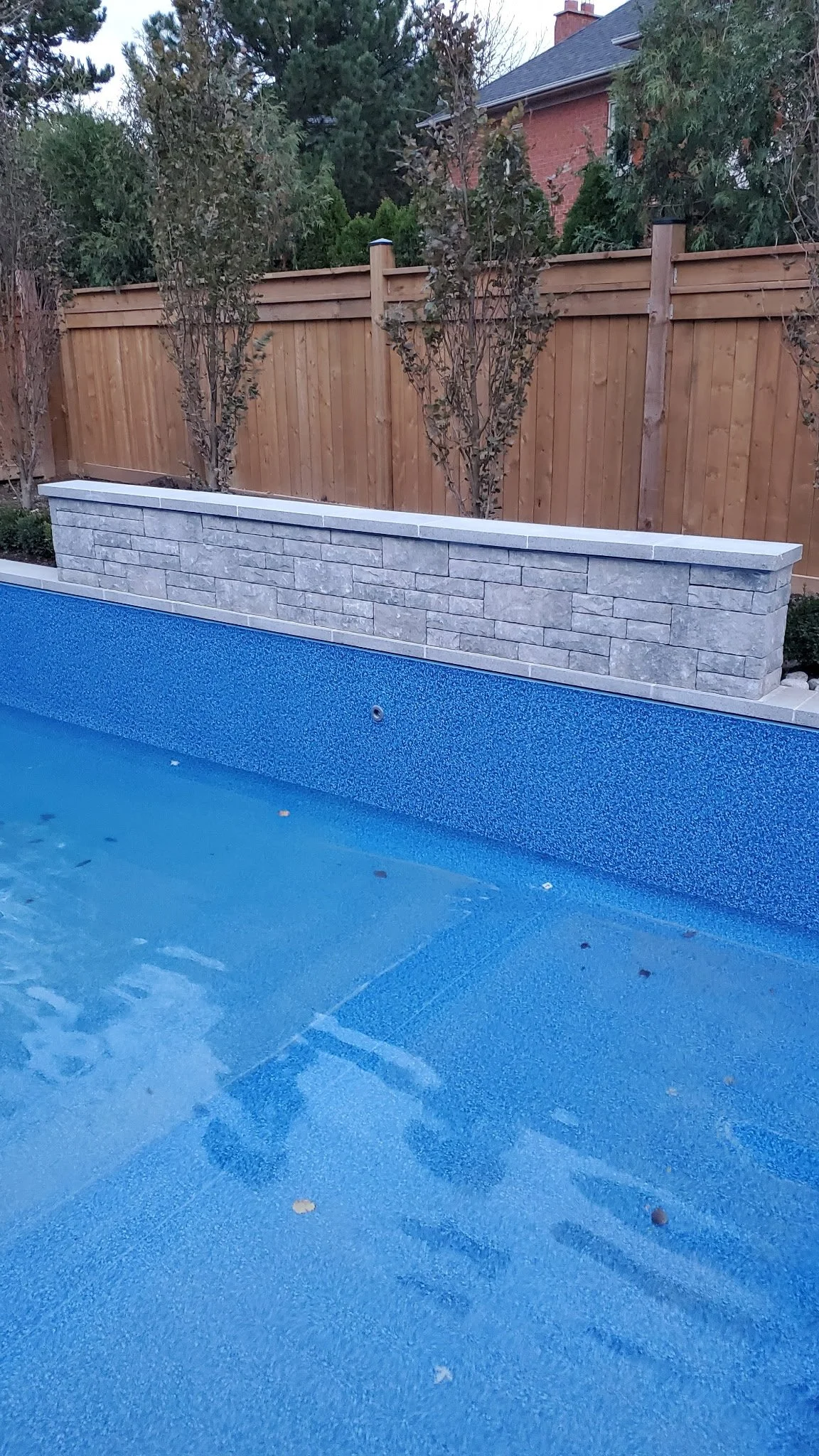 An empty swimming pool with a blue interior and a stone wall with a wooden fence and trees in the background.