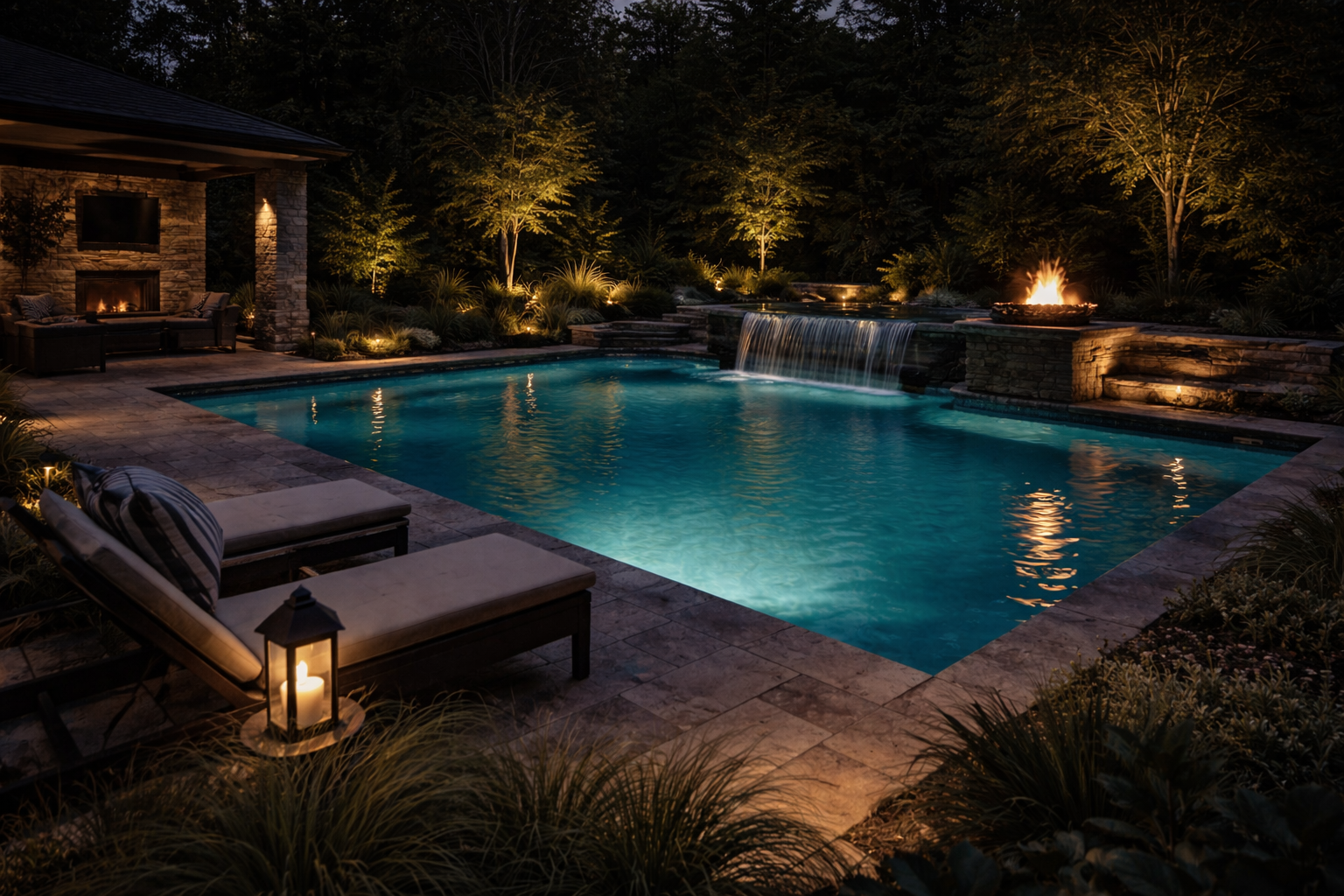 Nighttime view of a backyard pool area with water features, fire pits, lounge chairs, and surrounding trees and plants illuminated by outdoor lighting.