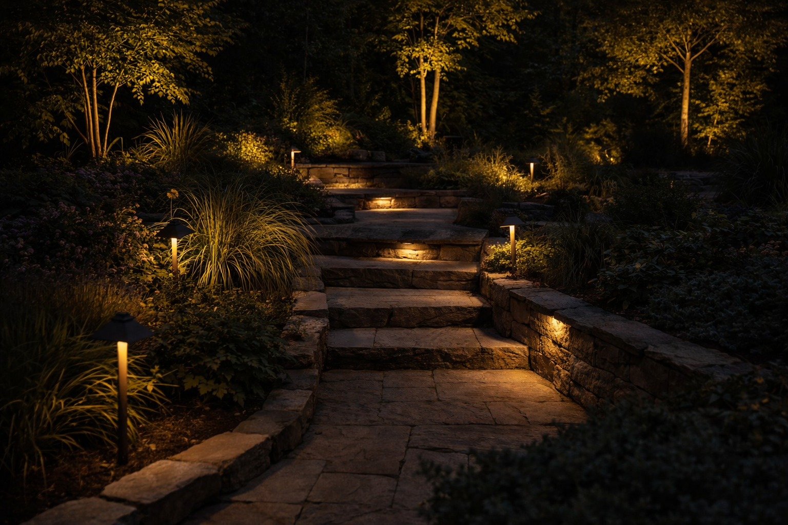 A stone pathway illuminated by ground-level lights, winding through a garden with trees, shrubs, and ornamental grasses at night.