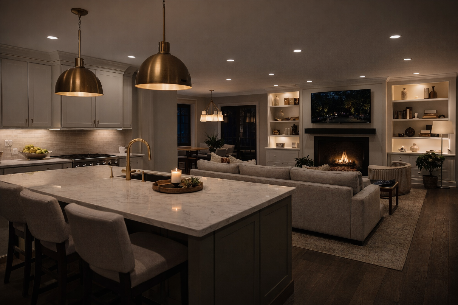 A cozy living room with a fireplace, a large TV above it, and built-in shelves on either side. There are sofas, a round chair, and a rug. A kitchen island with a marble countertop and four chairs is in the foreground, with pendant lights hanging above.