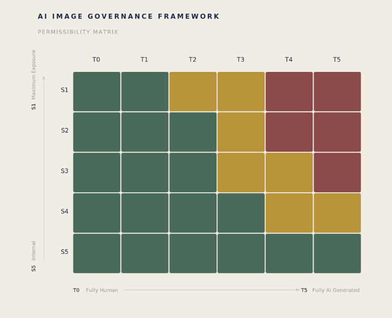 A matrix chart titled "AI Image Governance Framework" with rows labeled S1 through S5 and columns labeled T0 through T5. The chart has a gradient color scheme from dark green to brown, indicating permission levels, with darker green representing fully human and darker brown representing fully AI generated.