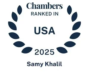 Chambers ranking in USA 2025 with the name Samy Khalil surrounded by a blue laurel wreath