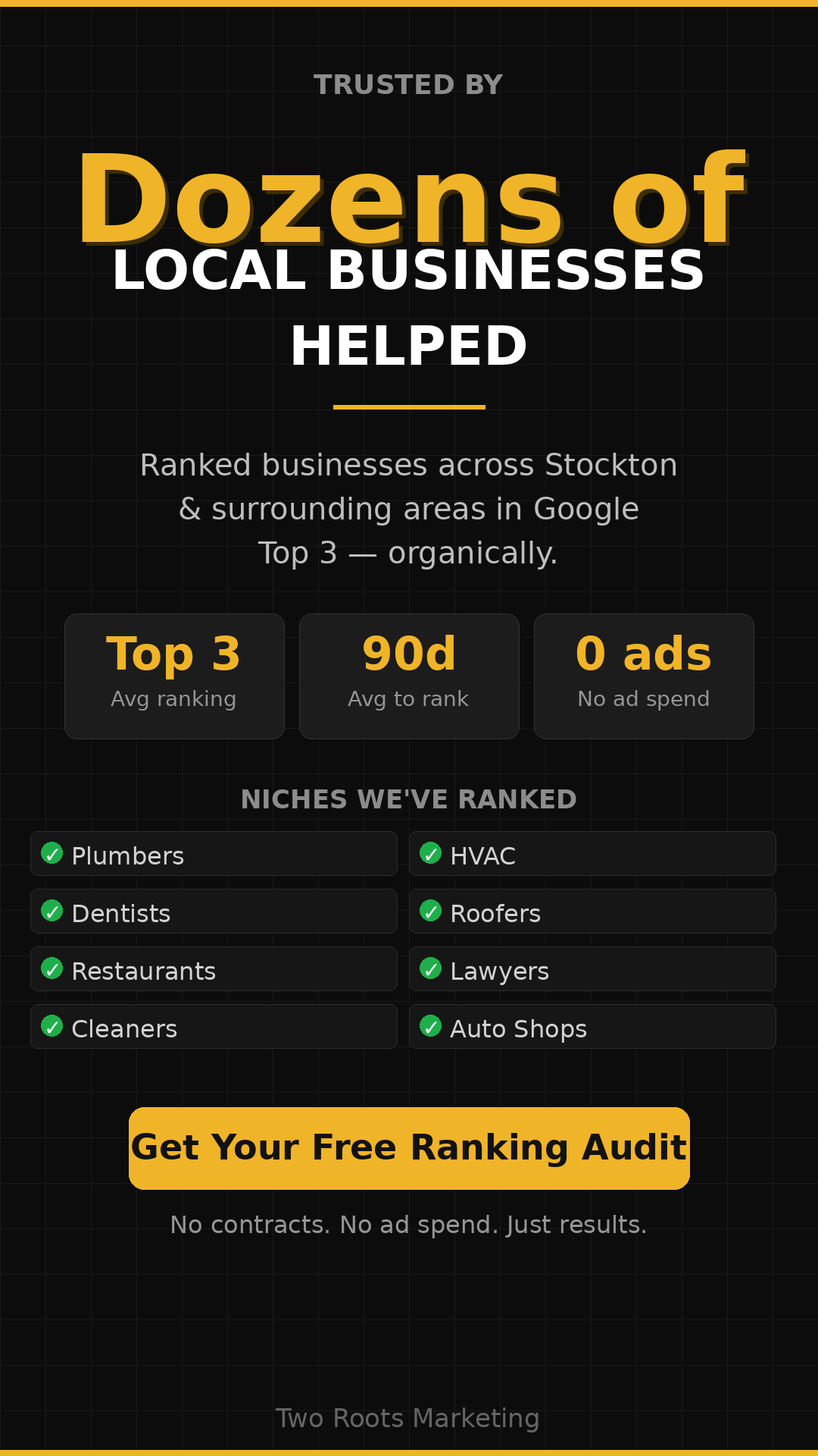 A marketing infographic highlighting a service that helps local businesses improve their Google search rankings. It emphasizes that the company is trusted, ranked in the top 3 organically, with an average ranking of top 3 and 90 days to see results, and no advertising costs. Niches include plumbers, HVAC, dentists, roofers, lawyers, restaurants, cleaners, auto shops. The call to action is to get a free ranking audit.
