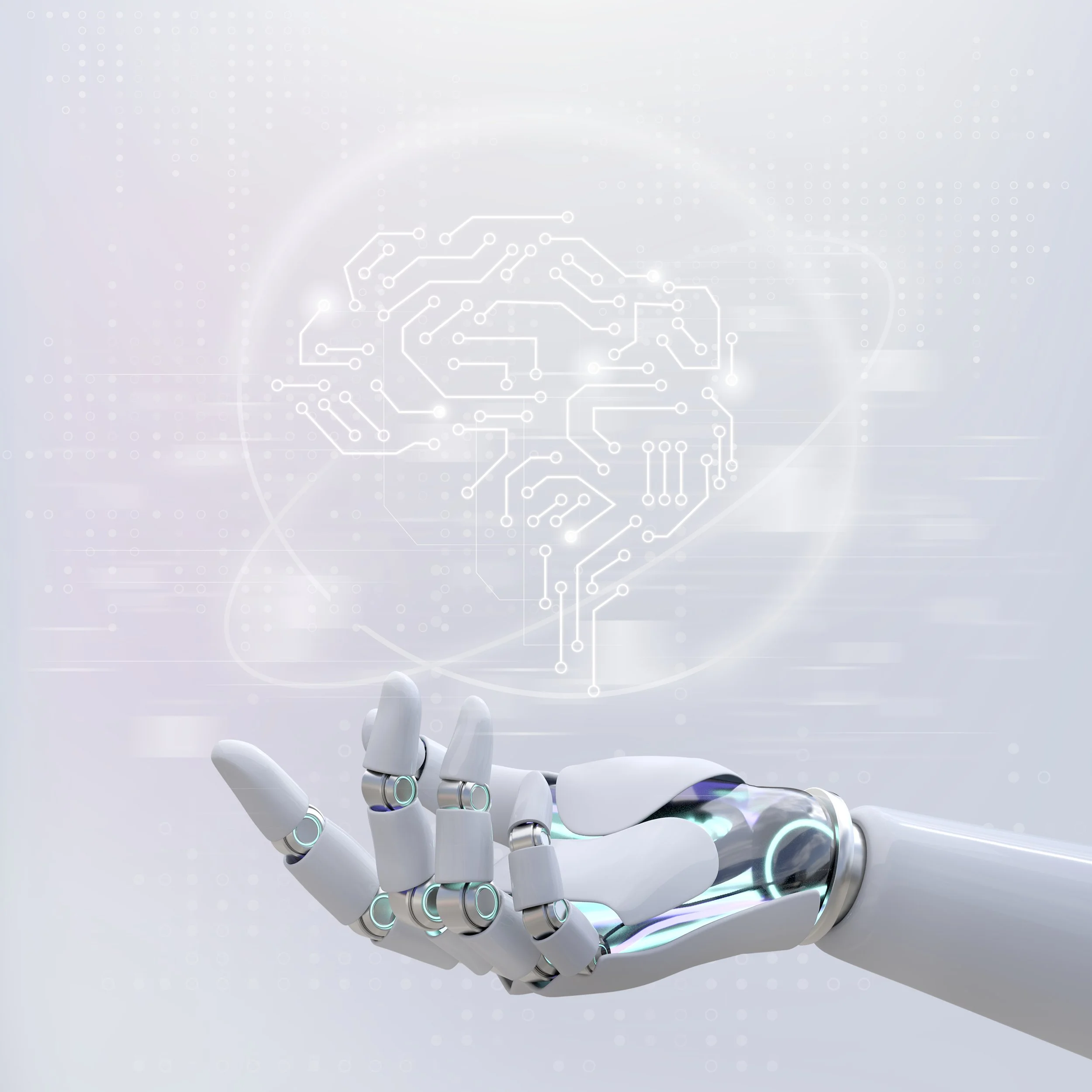 Une personne avec une main humaine et une main robotique qui tient un écran transparent dans un environnement blanc.