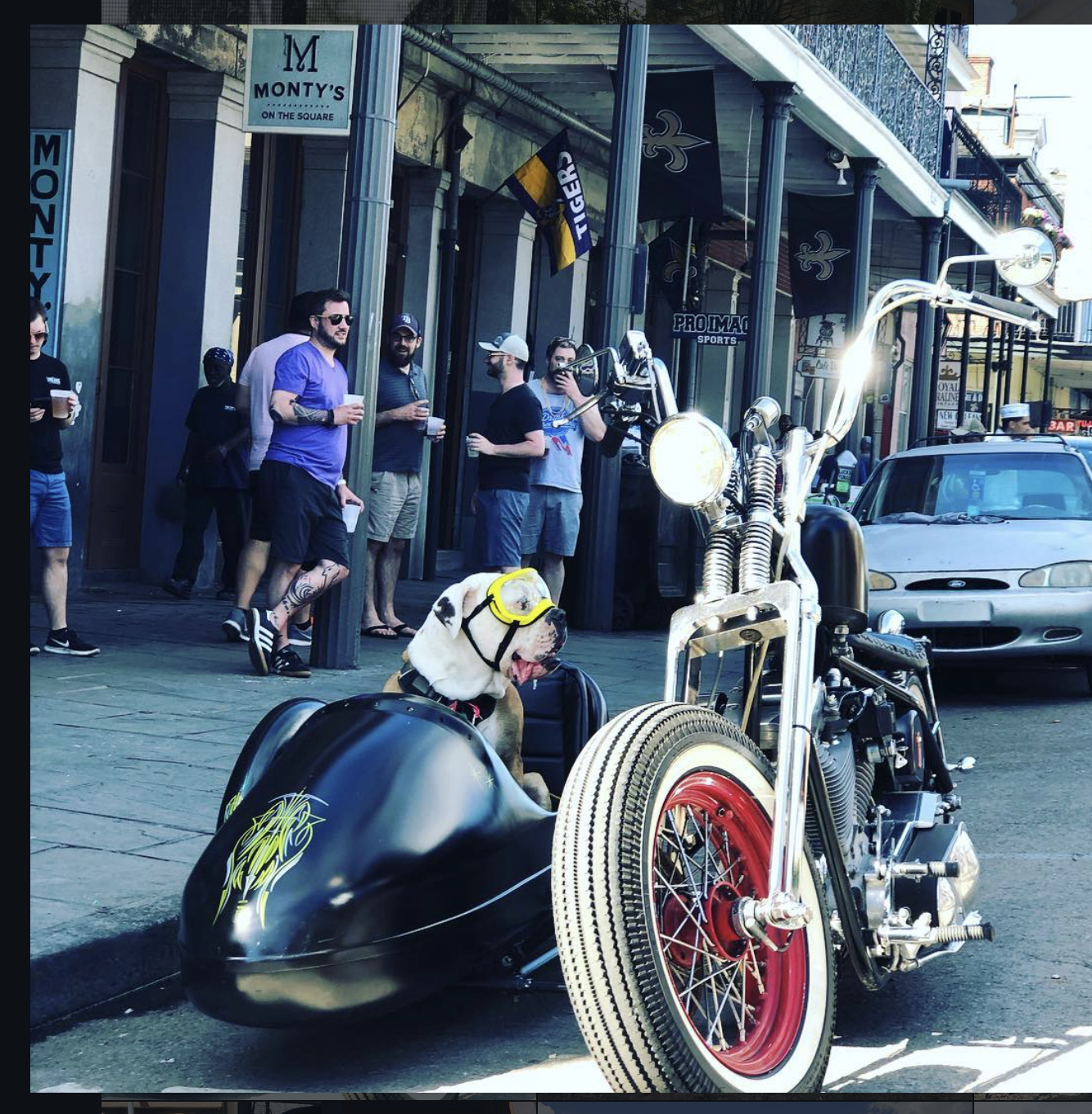 A man with a bulldog sitting on a custom motorcycle with a sidecar on a city street. The dog is wearing goggles, and the man appears to be adjusting something on the bike. People are standing nearby, some holding drinks, and storefronts are visible i