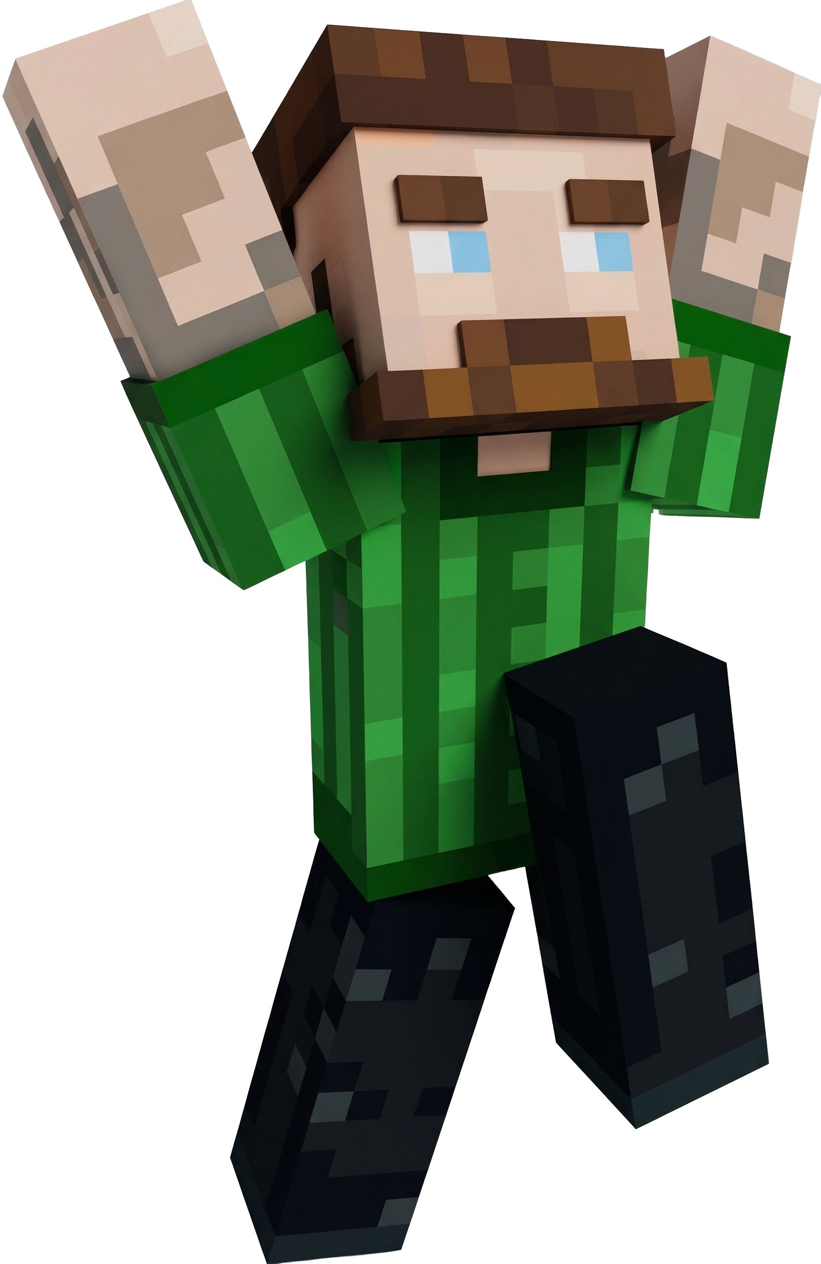 A Minecraft character with a blocky appearance, wearing a green shirt and black pants, having a brown mustache and hair, with bright blue eyes, and holding two tools or weapons above their head.