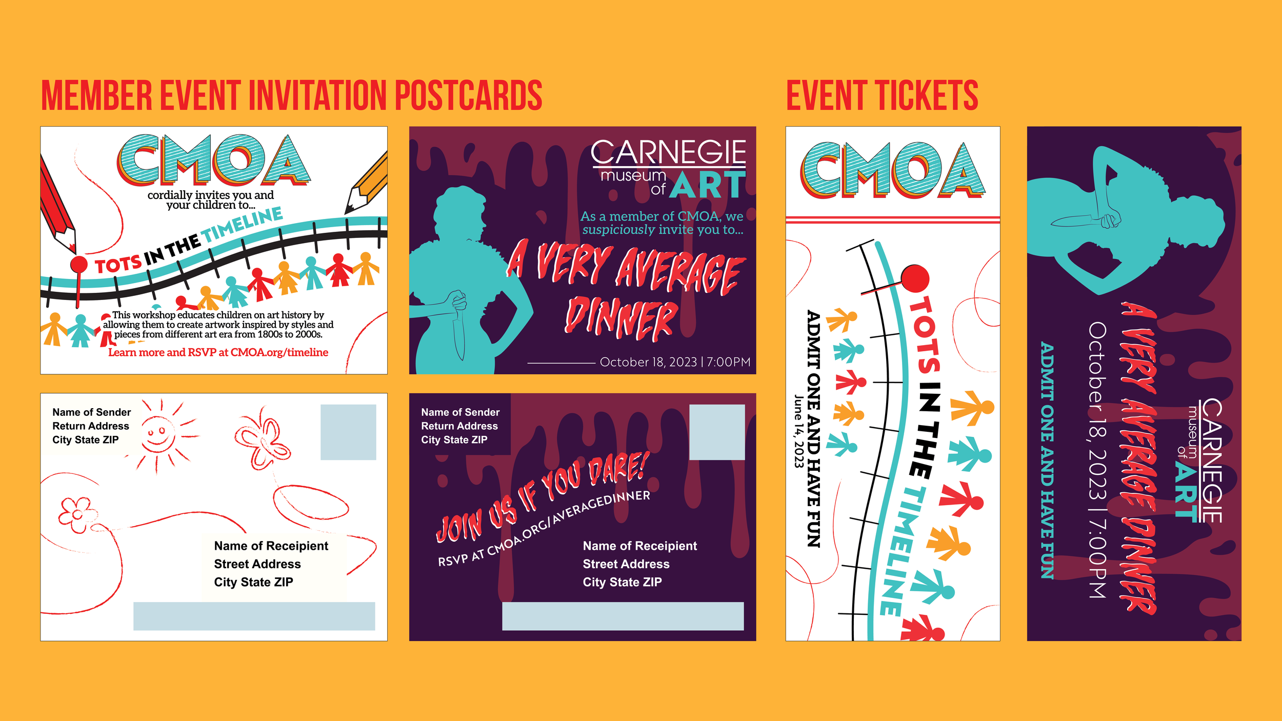 Postcards & tickets for member's only children's workshop event & murder mystery dinner party