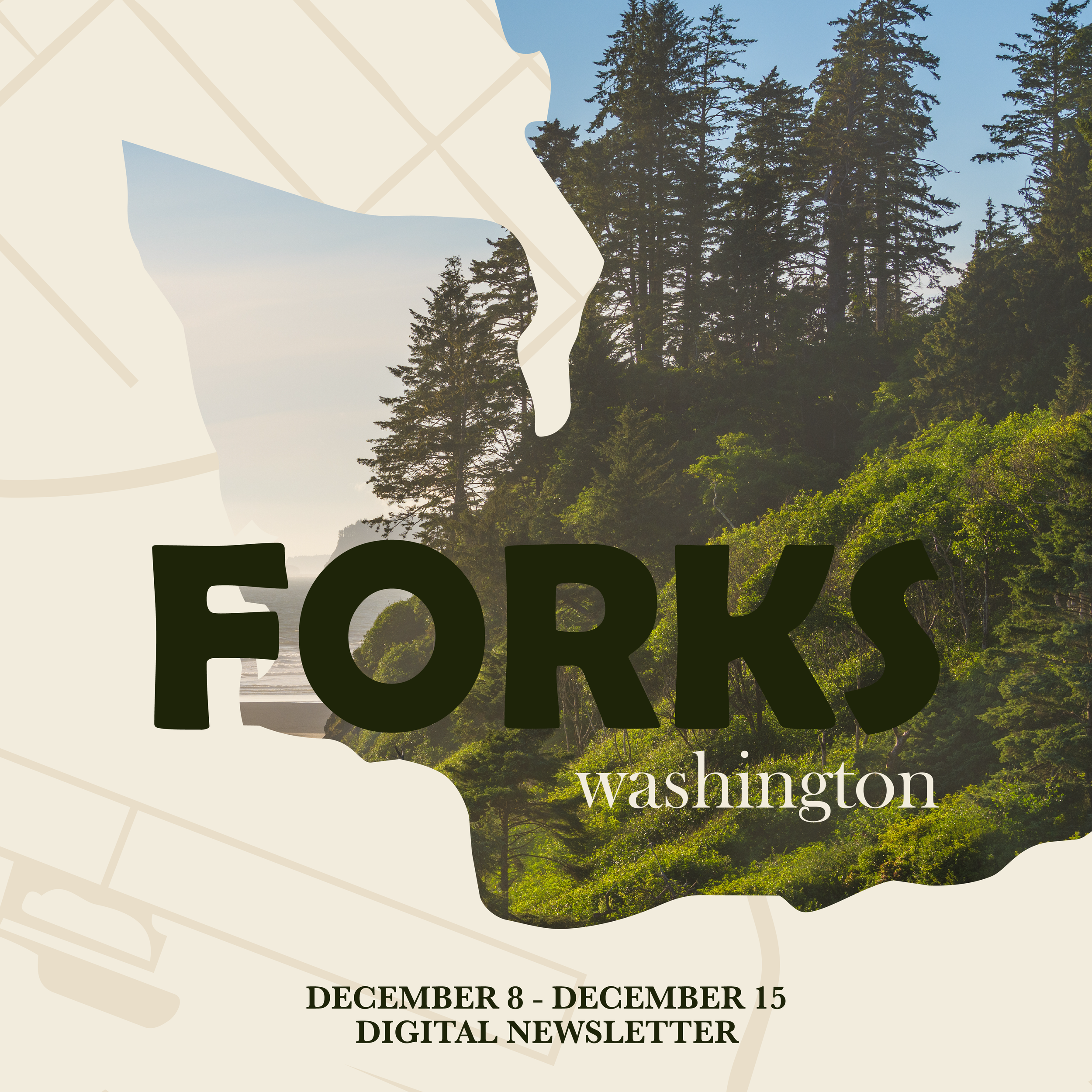 A digital newsletter cover featuring a background of a forest with tall green trees and a blue sky, overlaid with large black text saying 'For' and white text indicating the newsletter dates, December 8 to December 15, and the words 'Digital Newsletter' at the bottom.