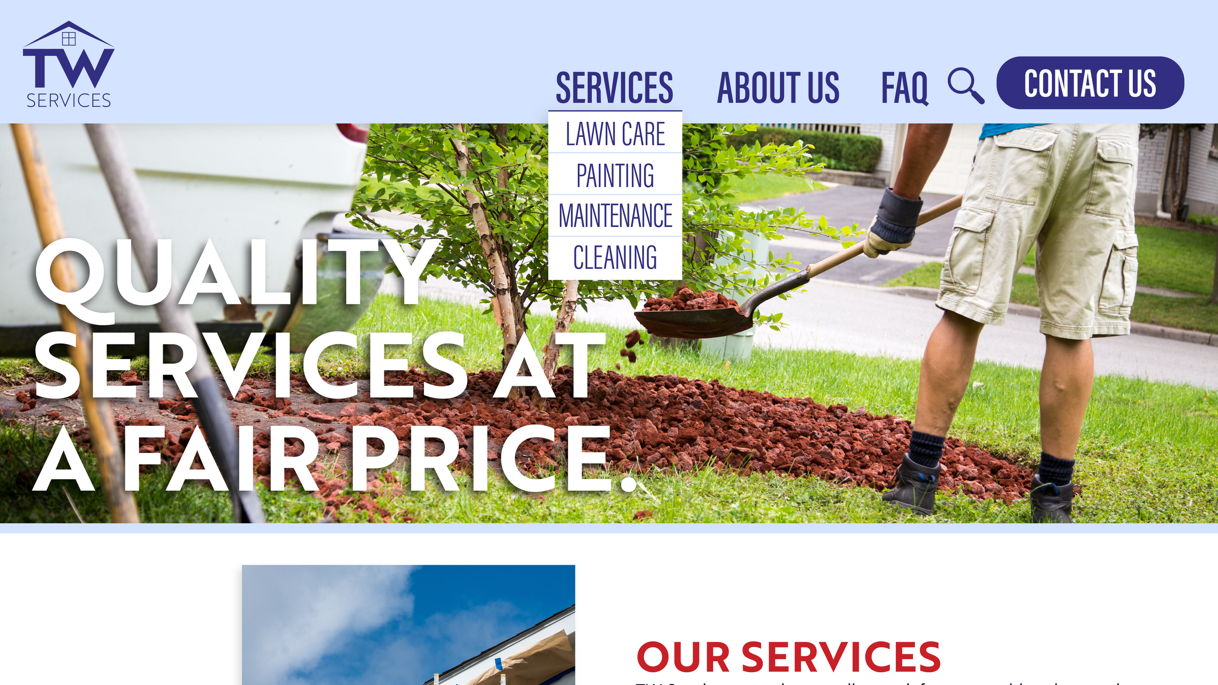 Top of home page featuring services dropdown menu