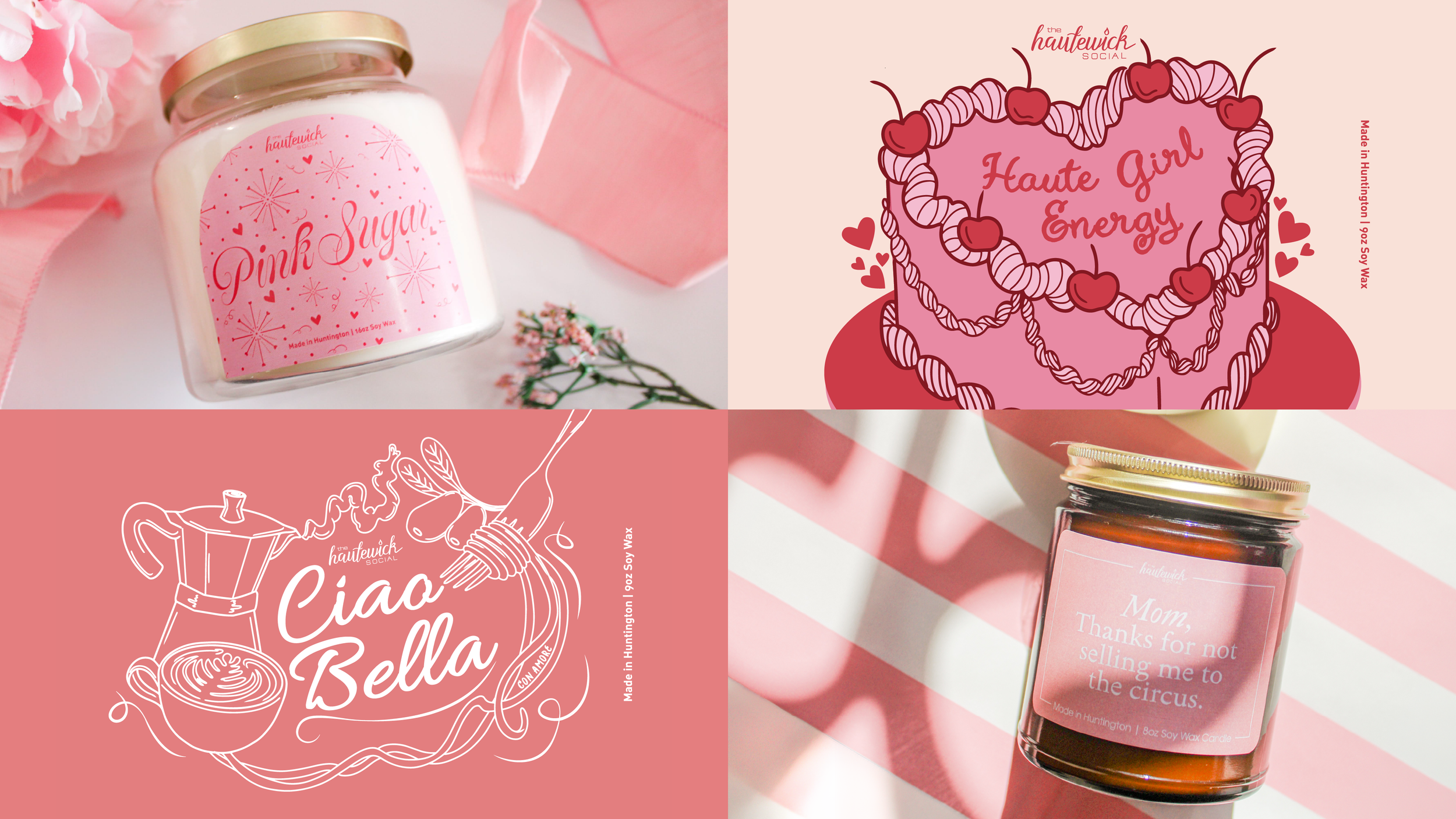 Top Left; Pink Sugar Valentine's Day candle | Top Right; Haute Girl Energy candle label from the Treat Yourself collection | Bottom Left; Ciao Bella candle label | Bottom Right; "Mom, Thanks for Not Selling Me to the Circus" candle from the Haute Mom