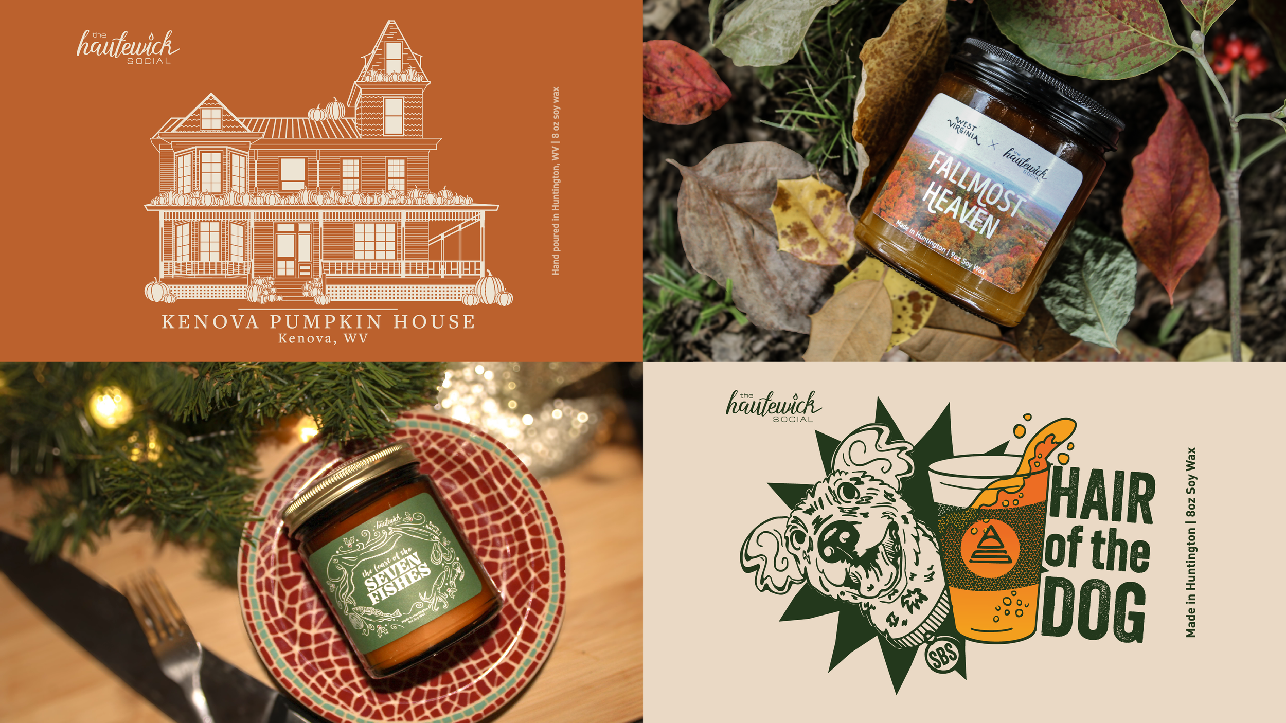 Top Left; Kenova Pumpkin House candle label | Top Right; Fallmost Heaven candle for WV Tourism | Bottom Left; The Feast of the Seven Fishes candle | 
Bottom Right; Hair of the Dog candle label for Summit Brewing Company