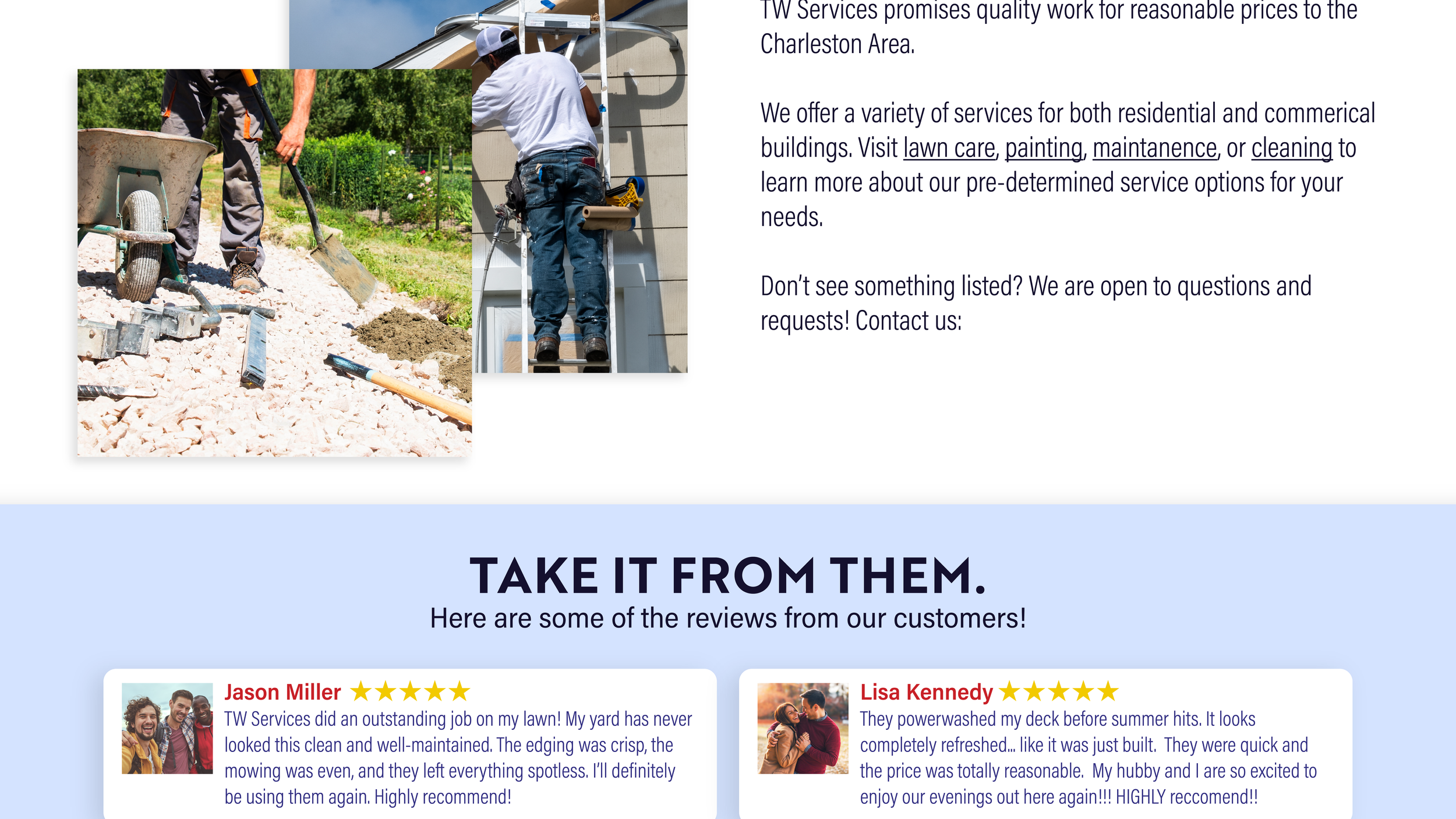 Home page area featuring review & services section