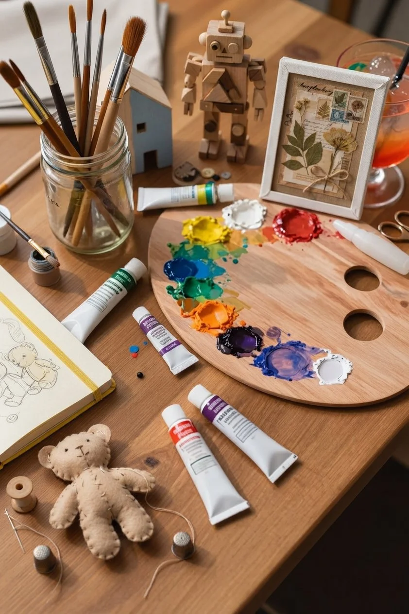 Table à dessin avec peinture, pinceaux, un carnet de croquis, un petit robot en bois, une photo encadrée avec des feuilles et des fleurs, un verre de boisson, une poupée en tissu, et divers objets de couture.