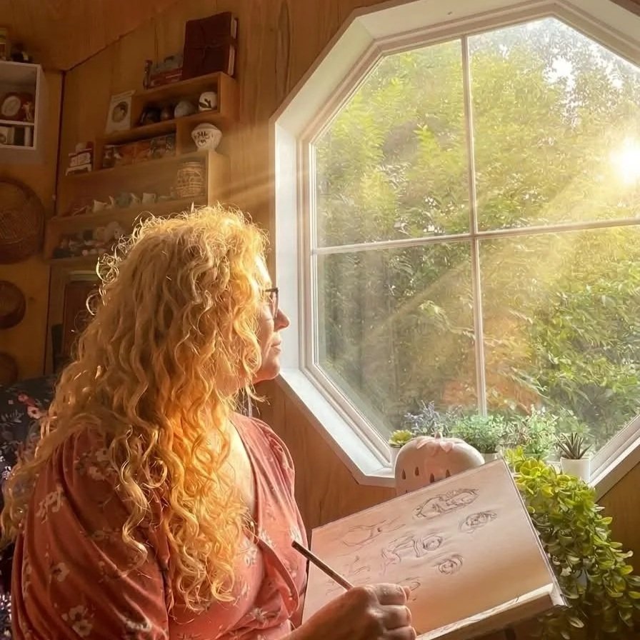 Une femme blonde à cheveux bouclés portant une robe rose, assise près d'une fenêtre en forme de trapèze, en train de dessiner des yeux dans un carnet, avec des plantes et une lanterne devant elle, dans une pièce en bois.