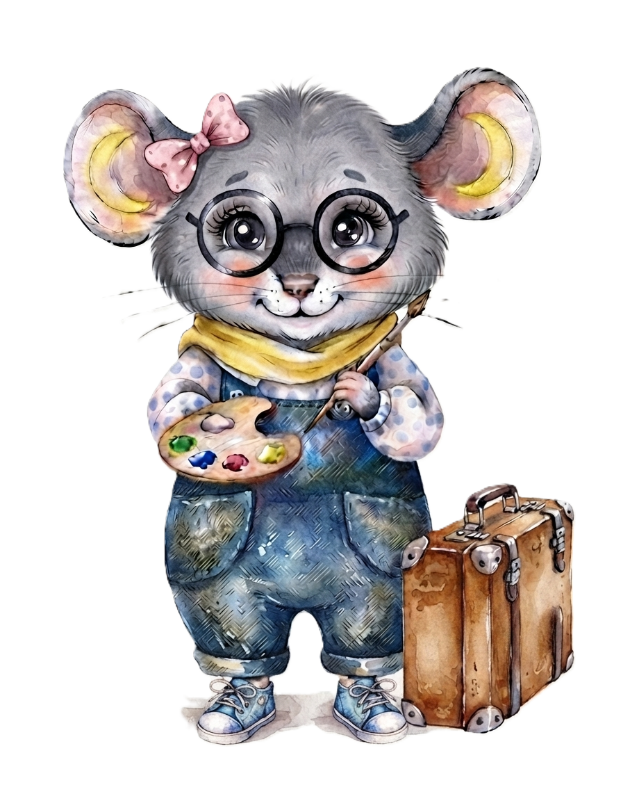 Une souris anthropomorphe avec de grands yeux, portant des lunettes rondes, un nœud papillon rose, un foulard jaune, une chemise à pois, un pantalon en denim, des chaussures de sport, tenant une palette de peinture et un pinceau, avec une valise à côté, illustrée dans un style watercolor.