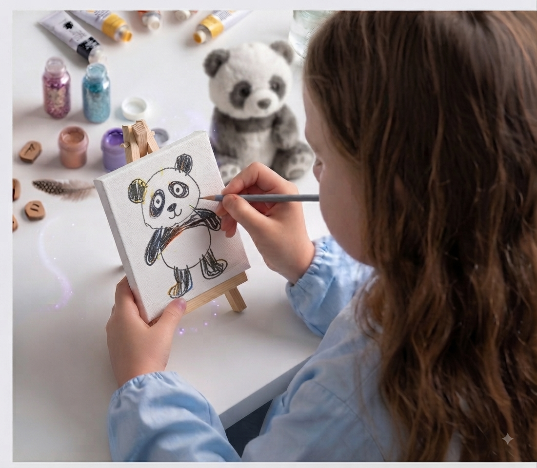 Une jeune fille en train de dessiner un panda sur une petite toile, avec des tubes de peinture, des feutres, et un panda en peluche sur la table.