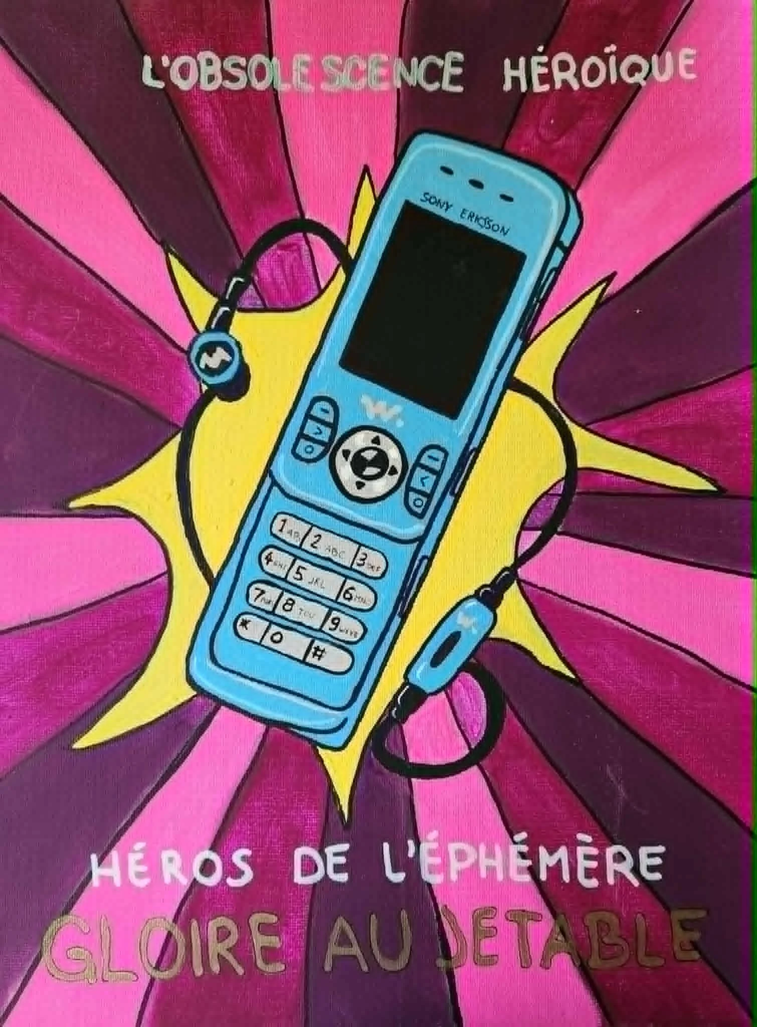Une illustration d'un téléphone portable avec le nom 'Sonny Edison' à l'écran, tenu par une main avec un fond coloré en rose, violet et jaune. Le texte en haut dit 'L'absurde science héroïque', et en bas, il est écrit 'Héros de l'éphémère'.