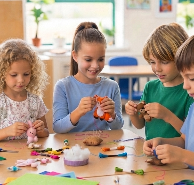 Groupe d'enfants créant des peluches lors d'une activité en classe.