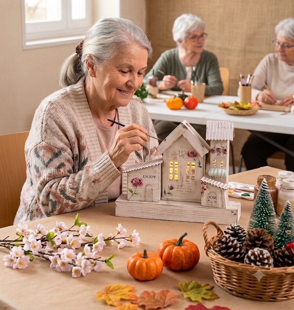 Une femme âgée souriante peint une maisonnette en bois décorative sur une table, entourée de décorations d'automne et de Noël. En arrière-plan, d'autres femmes âgées discutent et travaillent à un atelier créatif.