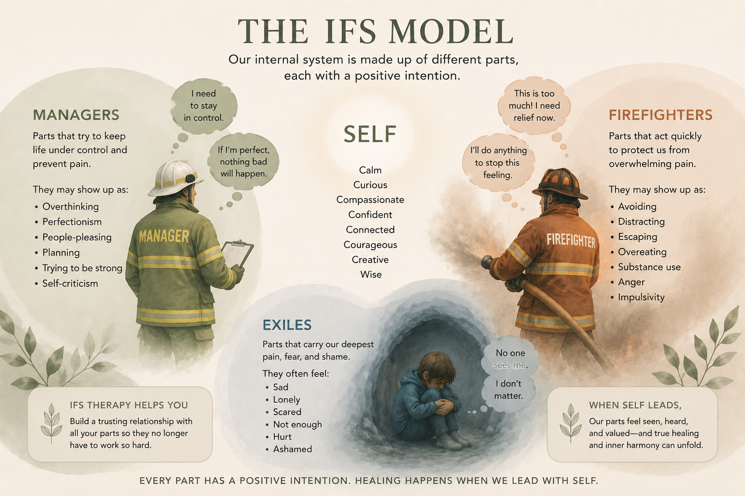 An infographic titled "The IFS Model" depicting self, managers, exiles, and firefighters. The image shows a firefighter on the right holding a hose, with a speech bubble saying "This is too much! I need relief now," and the firefighter has a list of negative traits. A manager on the left holding a clipboard, with a speech bubble saying "I need to stay in control," and the list of traits includes overthinking and perfectionism. In the lower center, a child sitting in a corner, hugging knees, with a speech bubble "No one sees me. I don't matter." Surrounding text describes each part and their characteristics, emphasizing healing by leading with self.