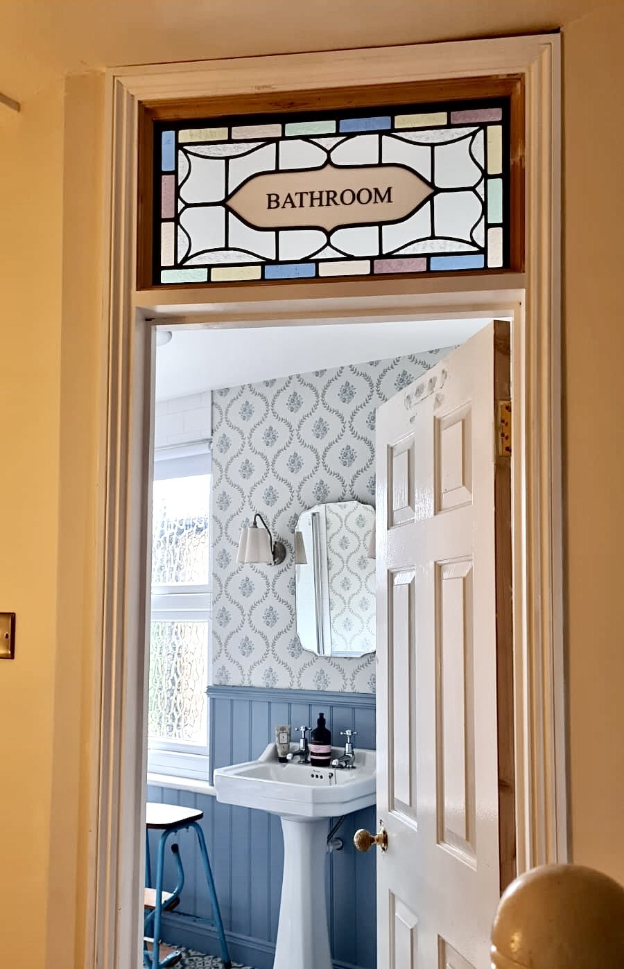 stained glass bathroom panel designed and built by zoe henderson in south east london professional, friendly glass panel maker top rated and recommended