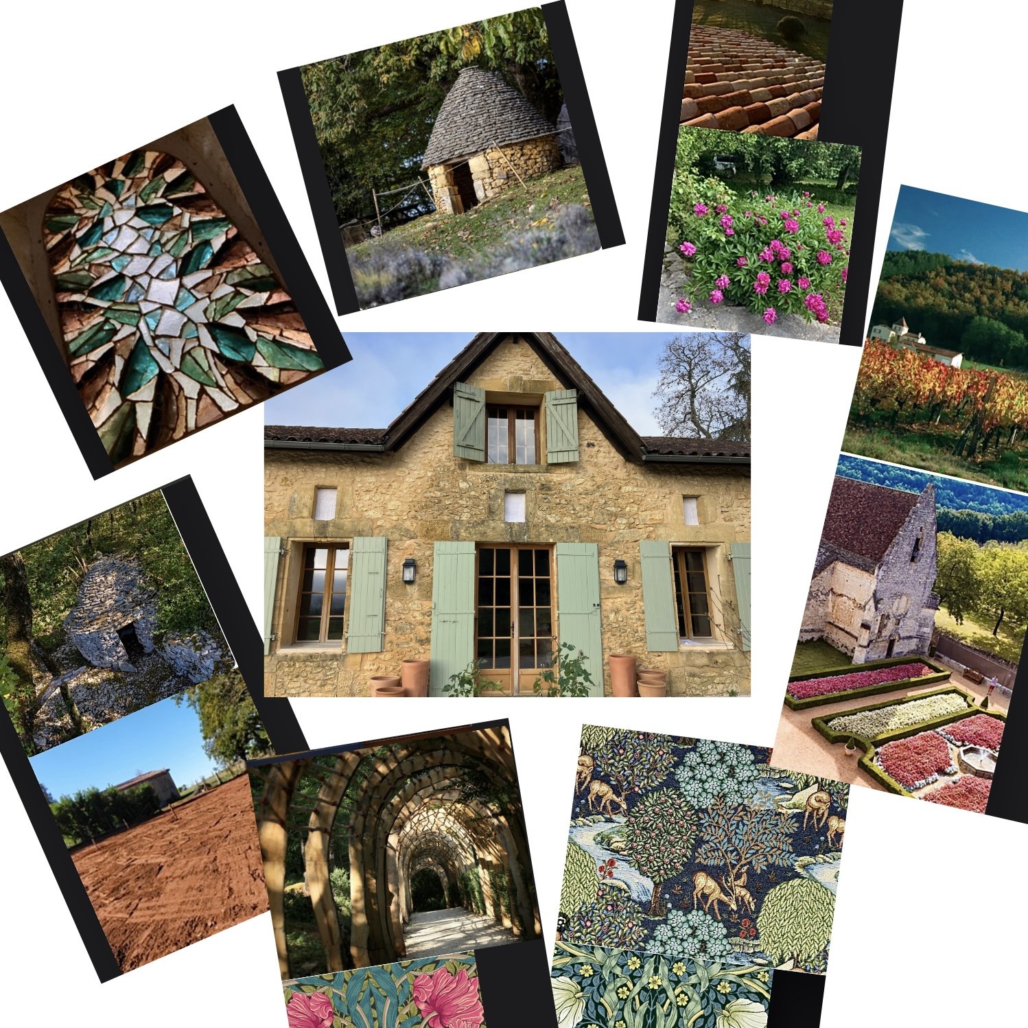 Collage of images featuring rustic houses, colorful flowers, a stained glass window, garden and vineyard scenes, an archway, and textile patterns.