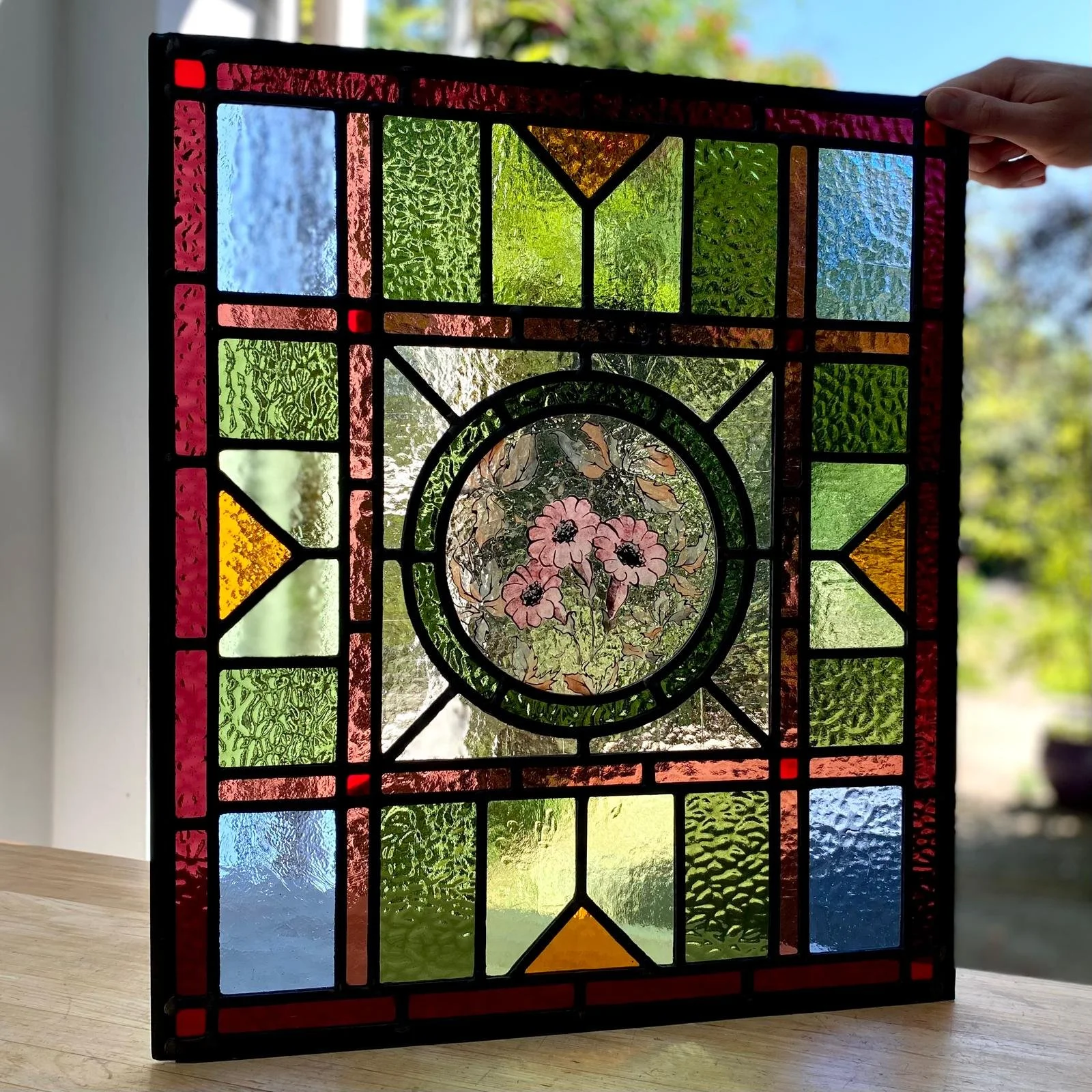 stained glass internal sliding door panels with hand painted glass roundel for central feature by Zoe Henderson