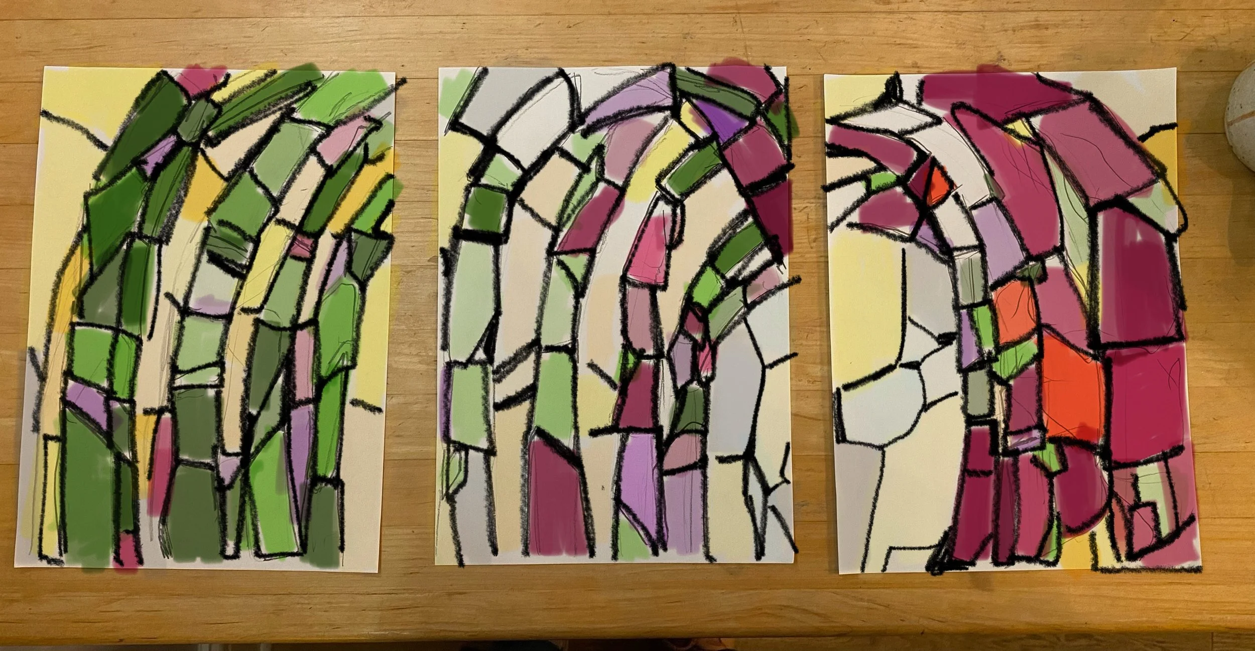 design in progress for stained glass panels.