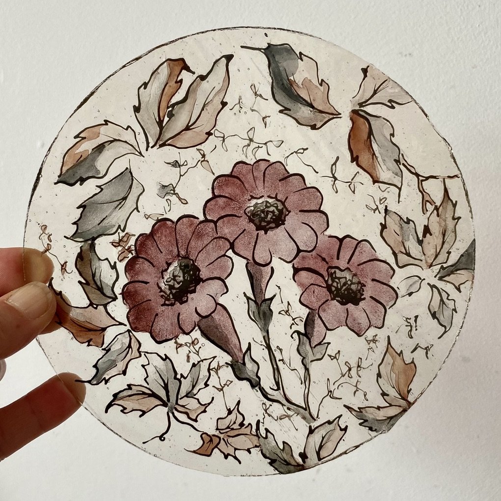 hand painted stained glass floral roundel for leaded panel built in Catford London delivered to Southend Essex, Colourful textured glass to compliment the home interior , installed in to internal doors allows light through the rooms.
