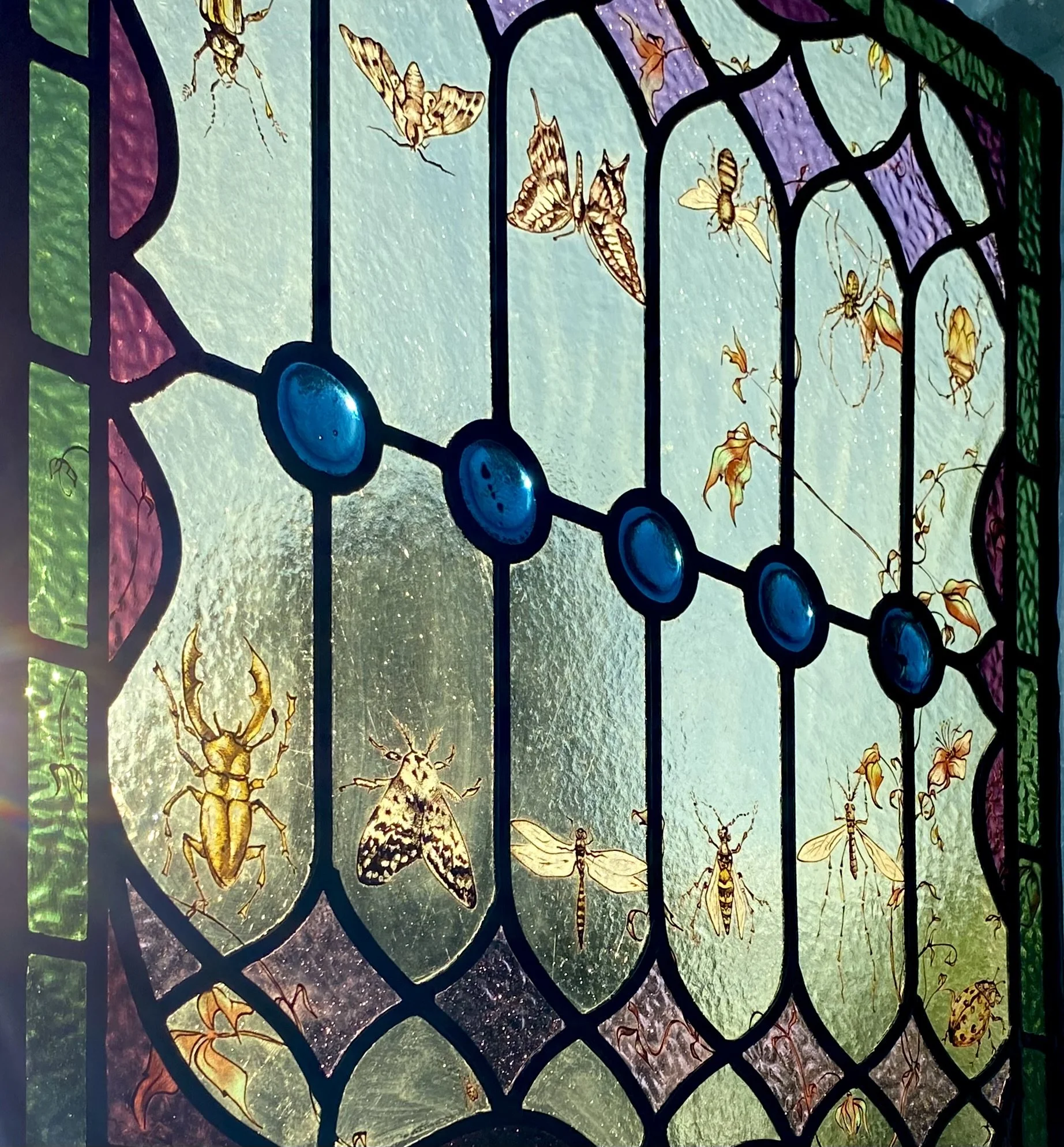 Colorful stained glass window featuring insects such as a beetle, moth, dragonfly, wasp, and ladybug.designed, painted and built by glass artist zoe henderson london
