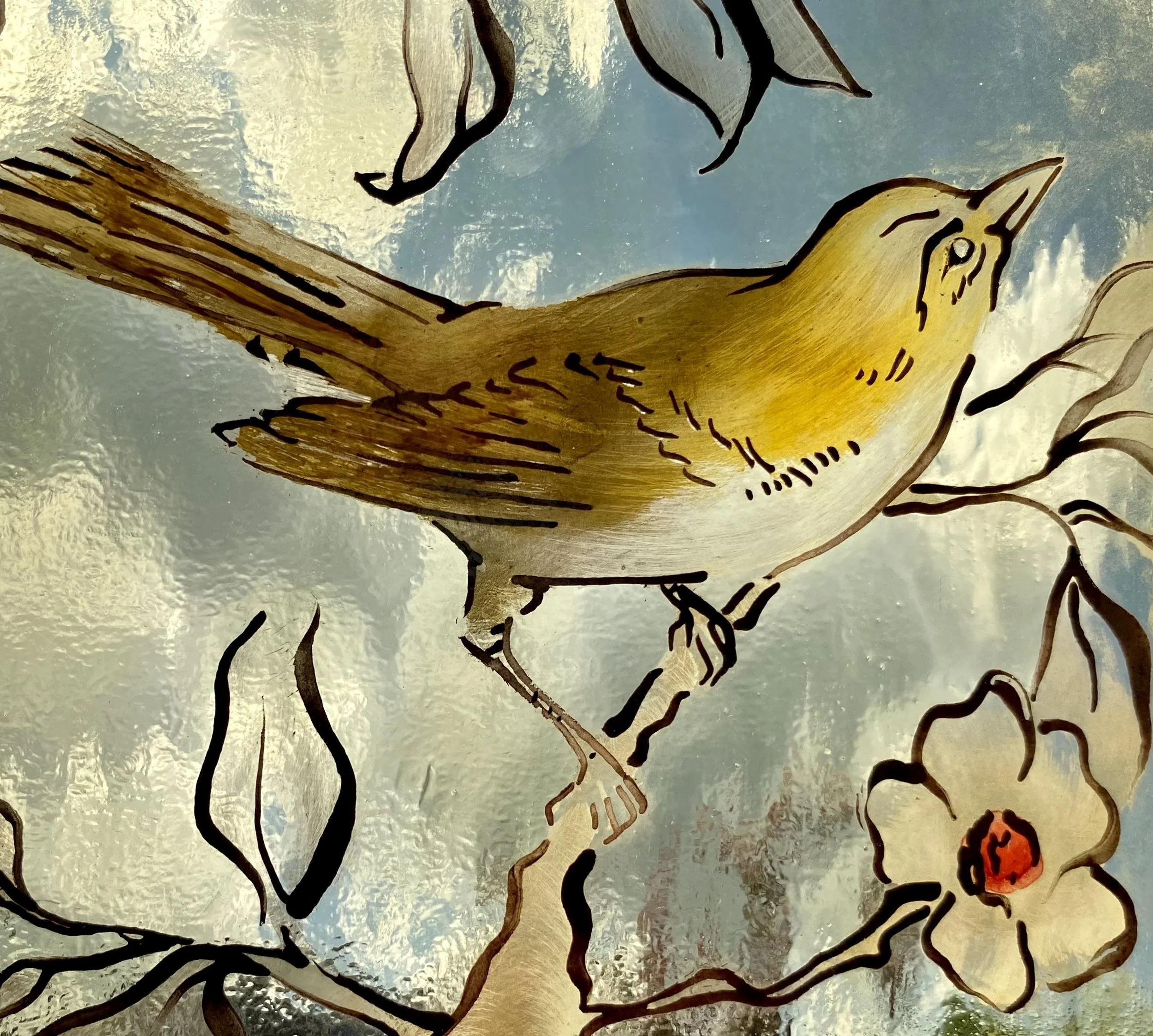 traditional glass artist, painted bird by zoe henderson using traditional hand painted glass methods including firing in the kiln