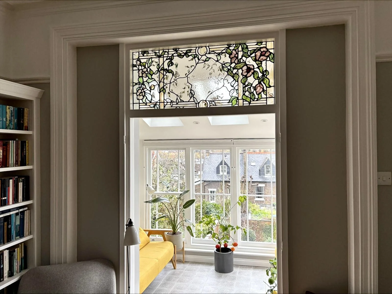 hand painted and leaded transom window by glass artist zoe henderson london professional reliable top rated recommended