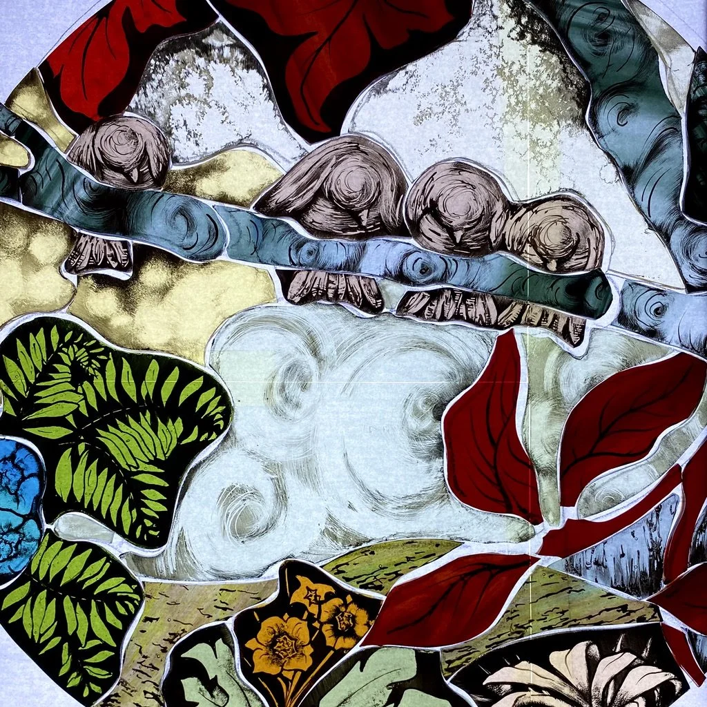 glass painting of birds and leaves using traditional glass painting methods by zoe henderon