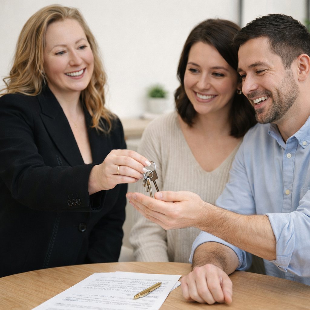 A woman in a black blazer handing keys to a smiling couple during a house closing or real estate transaction.