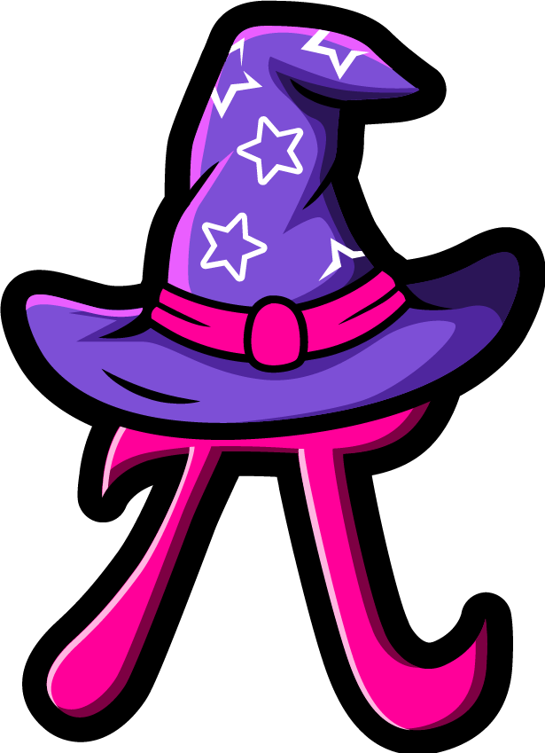 A cartoon illustration of a purple witch hat with star patterns and a pink band, combined with pink legs and a cane, creating a whimsical figure. This is an Arithmagicians icon.