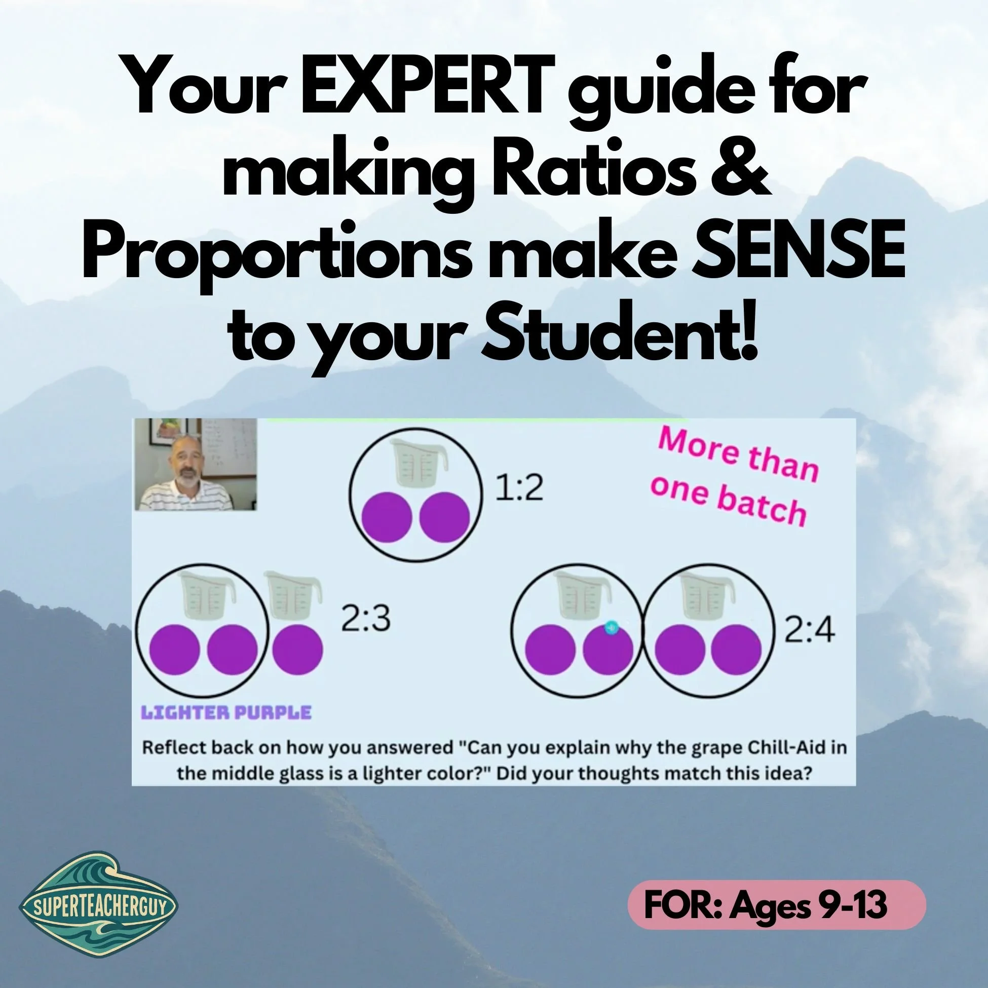 Educational slide about making ratios and proportions, featuring a presenter, a visual ratio of purple grape illustrations, and instructions for a reflective activity, designed for children ages 9-13.