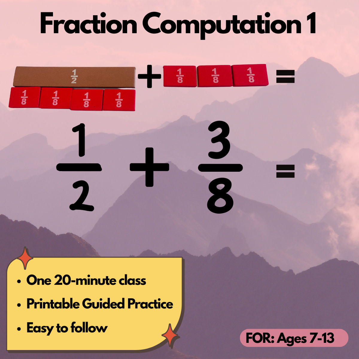 A math educational graphic titled 'Fraction Computation 1' showing the addition of fractions, 1/2 plus 1/8 plus 1/8, with corresponding visual aids of fraction blocks. Large literal fractions 1/2 and 3/8 are displayed with an addition sign and an equals sign. A yellow note box lists features: one 20-minute class, printable guided practice, easy to follow. A pink label indicates it is for ages 7-13.