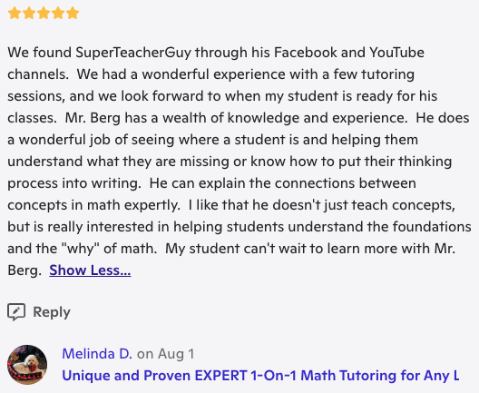 A detailed review or testimonial about a tutoring service, praising Mr. Berg's knowledge, teaching skills, and ability to help students understand math concepts.