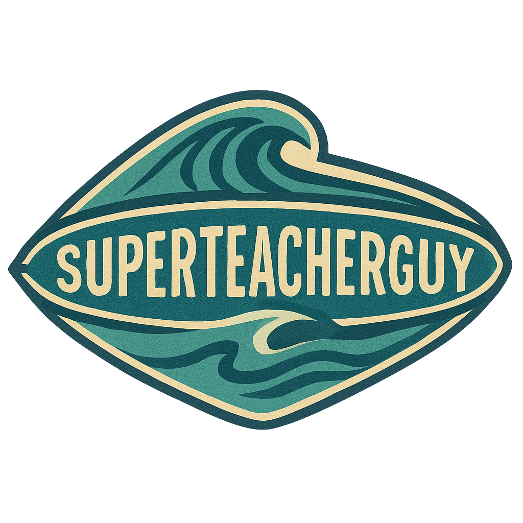 A graphic design of a stylized wave with the text 'SUPERTEACHERGuy' inside it.