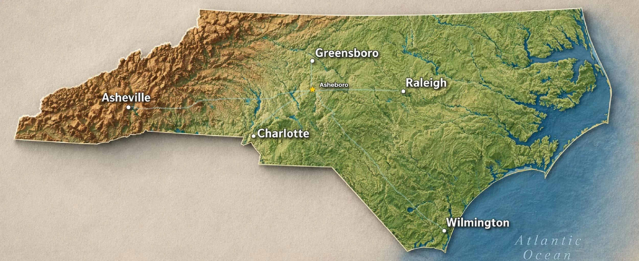 Map of North Carolina with location of farm as star