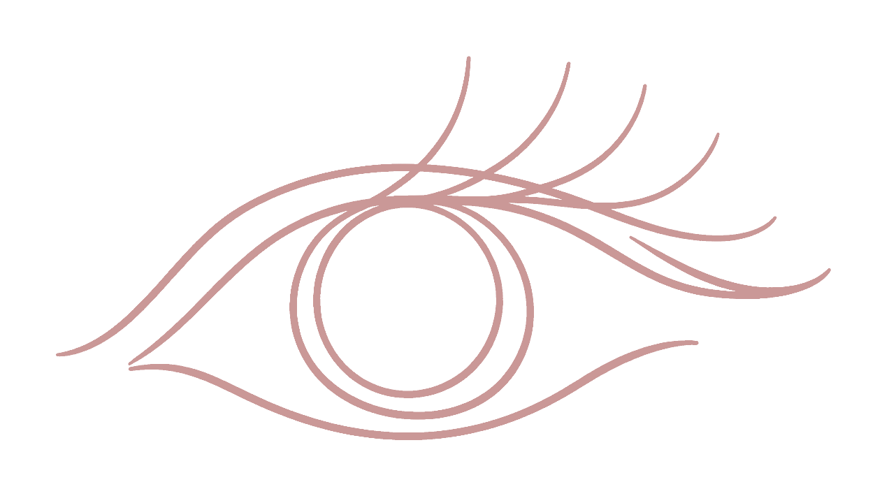 Een eenvoudige lijntekening van een oog met een iris en ooglid, in een lichtroze kleur op een zwarte achtergrond.