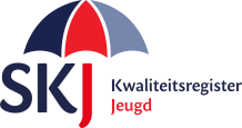 Logo met een paraplu en de woorden 'SKJ', 'Kwaliteitsregister jeugd'.